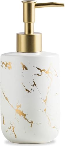 Elegant White and Gold Ceramic Soap Dispenser with Plastic Pump, 300ml/10oz Capacity for Bathroom & Kitchen, Liquid Soap Bottle for Hand, Dish, or Shower Storage