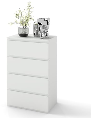 Ginhow Kommode Weiß mit 4 Schubladen, Schubladenschrank für Wohnzimmer, Moderne Kommode Schlafzimmer, Komodenschrank, Komode Weiß für Flur