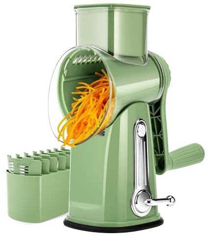 IGEAIIE Rotary Cheese Grater, Vegetable Slicer with 5 Interchangeable Blades & Blade Storage Box, Strong Suction Base, Manual Vegetable Shredder for Cheese, Carrot, Cucumber, Nuts, etc.(Green)