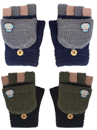KASESSS 2 Paar Fingerlose Handschuhe Kinder, 6-12 Jahre Alte Jungen Kinder Handschuhe Winter Warme Weich Gestrickt Klapphandschuhe Mit Niedlichem Cartoon-Roboter-Design, Marineblau Grau