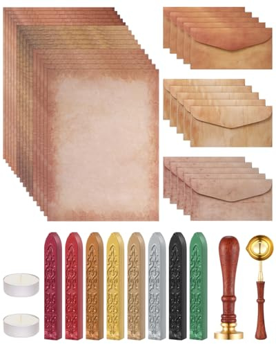 Comealltime 42 Stück Vintage Briefpapier mit Umschlag, 15 Vintage Kraftpapier Umschläge mit 8 Siegelwachs, Life Tree Stamp für Einladungen, Urlaub, Liebesbrief&Hochzeit, Tier
