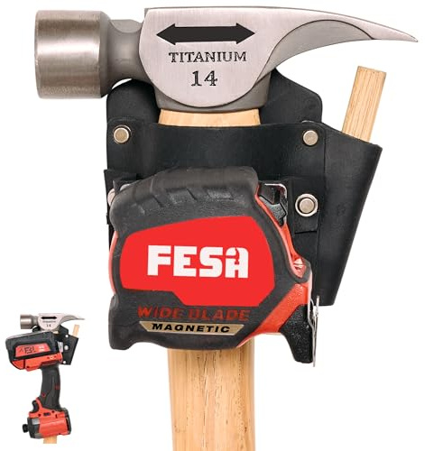 FESA Leather Tape Measure Holder - Measuring Tape or Drill Holder for Tool Belt with Steel Clip, Pencil Pocket & Heavy Duty Rivets - 2 Ways to Attach - Fits Any Belt - Handcrafted