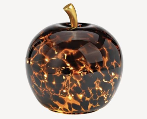 Seyila Home Dekorative Glas Apfel Leuchte mit LED Beleuchtung und Timer (unten), Crackle-Effekt Glas, Goldener Stiel, Weihnachtsdeko, Lampe (Braun, 22 cm)