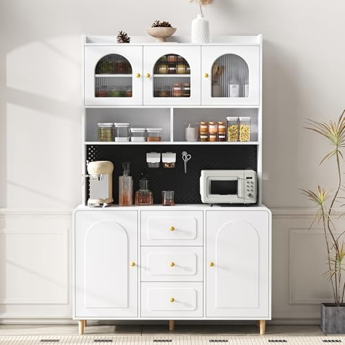 Lahoomu Hochschrank mit Lochbrett und Massivholzbeine, Barschrank mit Stauraum, Küchen-Buffetschrank mit Schubladen, für Küche und Esszimmer (Weiß)