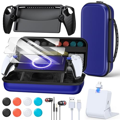 FYOUNG 14 in 1 Zubehör-Kit für PlayStation Portal, Taschen Bundle und magnetische Ladestation für PS5 Portal mit Schutzhülle, 2 Schutzfolien, Kabelgebundene Kopfhörer, 8 Thumb-Stick Grip(Blau)