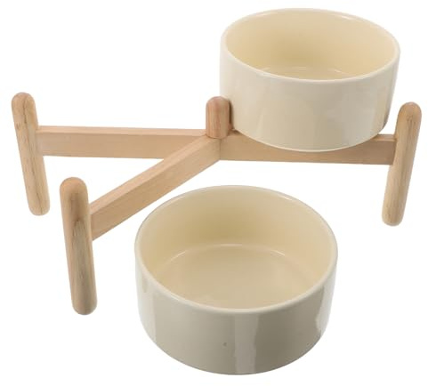 BESPORTBLE Gamelles Surélevées en Céramique Double 15,5 Cm 850 ML avec Support Antidérapant en Bois pour Chiens et Chats Petits, Bol Nourriture et Eau, Porte-gamelle Stable pour Animaux