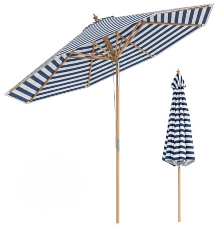 KOMFOTTEU Sombrilla de jardín redonda de 270 cm, inclinación y altura ajustable, sombrilla de exterior con estructura de bambú, 8 varillas, anti UV, para balcón, terraza, playa, Azul & Blanco