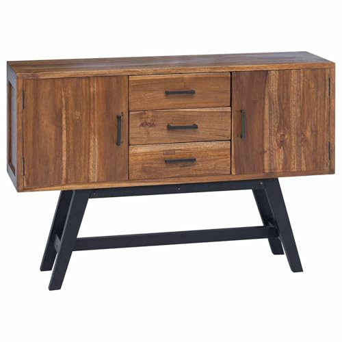 Qnhdfrt TV Lowboard aus massivem Teak Natur 110x30x75 cm mit 3 Schubladen und 2 Türen, Vintage Fernsehschrank platzsparend, Robuste Metallbeine & Langlebig für Wohnzimmer Schlafzimmer Flur