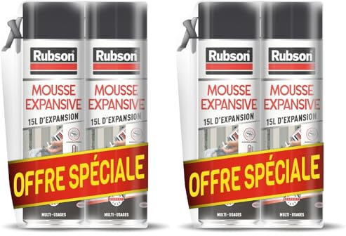 Rubson - Mousse Expansive Multi-Usages (Lot de 4x345 ml) Blanche – Mousse polyuréthane pour isolation, calage et rebouchage – 15 litres d'expansion