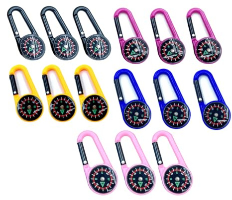 Set di 15 Mini Bussole per Bambini – Bussola Tascabile Portatile con Portachiavi a Moschettone per Escursionismo