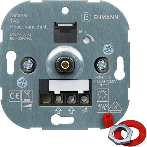 EHMANN Unterputz-Dimmer T43.00, Phasenanschnittdimmer, 230 V, 50 Hz, Leistung: 60-400 W/VA, inkl. Schalterprogramm-Adapter Silber