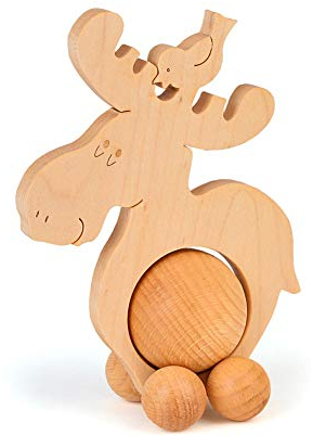 TEMPELWELT Deko Figur Rolltier Elch 13 x 10 cm, Holz Buche Natur mit 4 cm Kugel, Holzdeko Schiebefigur, Handarbeit aus Europa