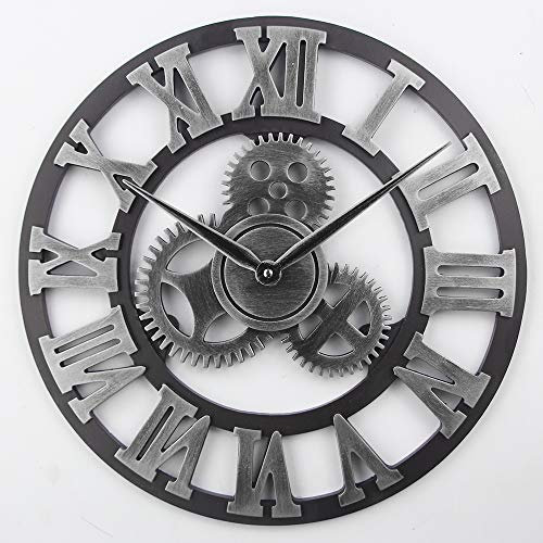 Timelike Stunning Silent Skeleton Indoor/Garden Large Wall Clock Roman Numeral Open Face Metal Clock Round Iron (Silver)