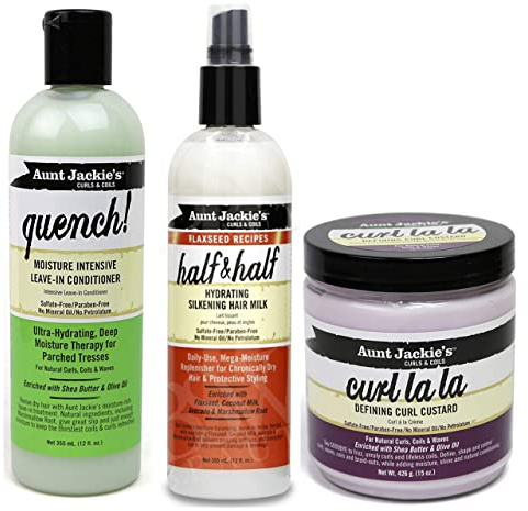 Aunt Jackie‘s Curls & Coils | 3er-Set | Leave-In-Spülung „Quench“ für intensive Feuchtigkeit, 355 ml | Definierende Haarcreme „Curl La La“, 426 g | Haarmilch für seidiges Haar „Half & Half“, 355 ml
