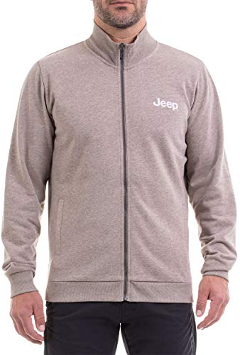 Jeep Herren Invernale Con Zip Completa E Tasche Frontali E Slogan Sulla Schiena Pullover, Braun Meliert/Weiß, S