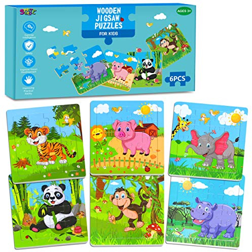 6 Packs Wooden Animals Jigsaw Puzzle, Early Educational Learning Toys Set Preschool Puzzles for 3+ Years Old Kids