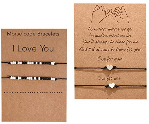 VEGCOO 4 Pcs Morse Code Bracelets I Love You, Heart Bracelets Couple Bracelets Boyfriend Girlfriend Couple Jewelry Gifts for Him/Her/Girl/Women (B)