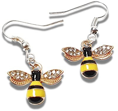 Handmade Silver and Gold Plated, Crystal and Enamel Womens Bee Earrings, Gardener, Honeybee Novelty