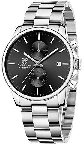 GOLDEN HOUR Herrenuhren mit versilberter wasserdichter Chronographen-Quarzuhr aus Edelstahl und Metall (Silver Black)