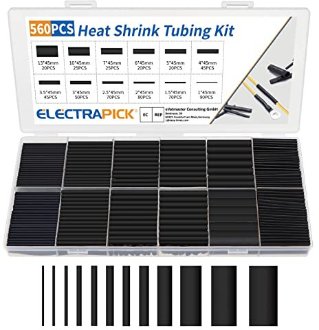 ELECTRAPICK 560 Pcs Heat Shrink Tubing Kit Ratio 2:1 Electrical Shrink Tubing Wire Large Wrap Industrial Shrink Tubes Assortment(12 Sizes Black)