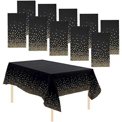 10 Pack Dot Table Covers - Disposable Plastic Tablecloths for Indoor/Outdoor Parties - Wipeable, Waterproof - Black & Gold (137*274 cm)