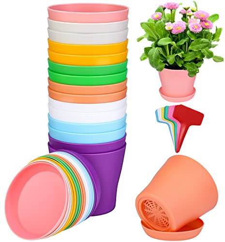 ADXCO 16 Stück 9,5 cm Kunststoff-Pflanzgefäße sortierte Blumentöpfe Setzling Kinderzimmer Töpfe mit Tablett, Outdoor-Indoor-Pflanzen für Setzling, Umpflanzen, Schneiden, 8 Farben