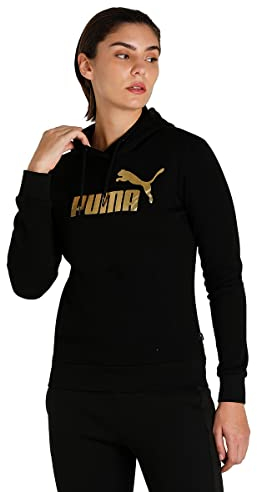 PUMA Damen ESS+ Metallic Logo Hoodie FL Sweat, Schwarz-goldene Folie, M