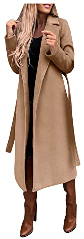 Generic Damen Faux Wollmantel Bluse Dünner Mantel Trench Lange Jacke Damen Schlanker Langer Gürtel Elegante Mäntel Outwear Mantel Damen Mit Kunstfell, XXL, Khaki