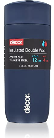 Décor Insulated Cool Touch Double Wall Travel Coffee Cup, Leak Proof Seal and Button Press Release Drink Feature. Vacuum Insulated, 4 Hours Hot and 12 Hours Cold. Navy Blue 350ml.