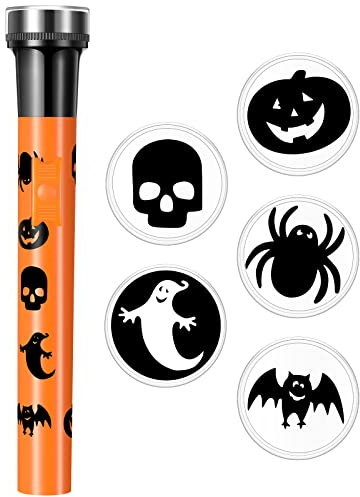 2 Sets Halloween Projector Torch Orange and Black Torch Pumpkin Ghost Skull Bat Spider Pattern Torches Projector Torch with Spooky Character Caps for Halloween Party Propst