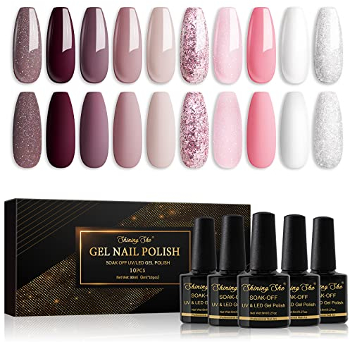 Shining She UV Nagellack Set,10 Farben Pink Weiß Braun Beige Glitzer Rosa Gel Nagellack,Soak-Off UV Gel Nail Polish Set für Anfänger Maniküre Salon, 8ML