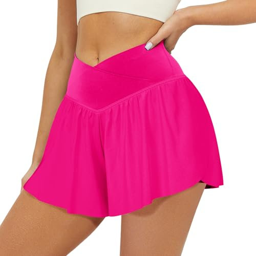 FireSwan Crossover - Pantalones cortos deportivos 2 en 1 para mujer, pantalones cortos para correr con bolsillos, de elastano y mariposa, para entrenamiento, tenis, Rosa fucsia (y-hot pink), Large