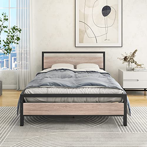 HOJINLINERO Double Bed Frames with Wood Headboard,Metal Platform Bed Frame Mattress Base,Metal Slat Support and Underbed Storage Space,Solid Metal Bed Frame Double Bed,Black+Teak OAK