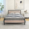 HOJINLINERO Double Bed Frames with Wood Headboard,Metal Platform Bed Frame Mattress Base,Metal Slat Support and Underbed Storage Space,Solid Metal Bed Frame Double Bed,Black+Teak OAK