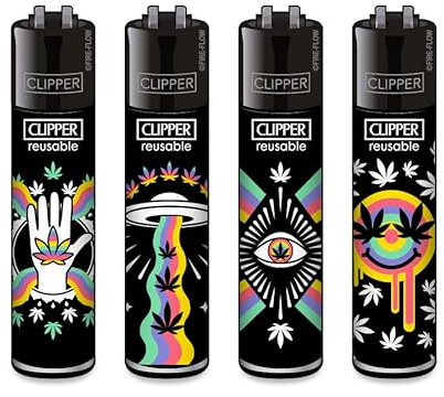 Clipper Feuerzeuge 4er Set + 1x DHOBIA Feuerzeug (420 Rainbow)
