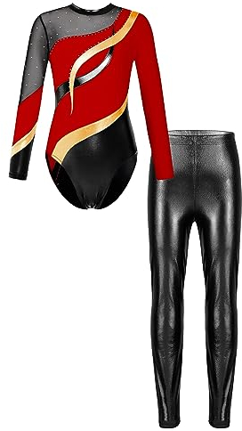 iEFiEL Mädchen Turnanzug Langarm Turnbody Lang Sporthosen Leggings Glänzende Gymnastikanzug Sportlich Leotard Rot schwarz 146-152