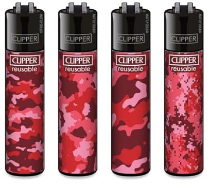 Clipper® Feuerzeuge im Multipack - 4er Set mit coolem Look - Nachhaltig NEU - INKL Gratis Crystal Deko Balls (Red Camouflage)