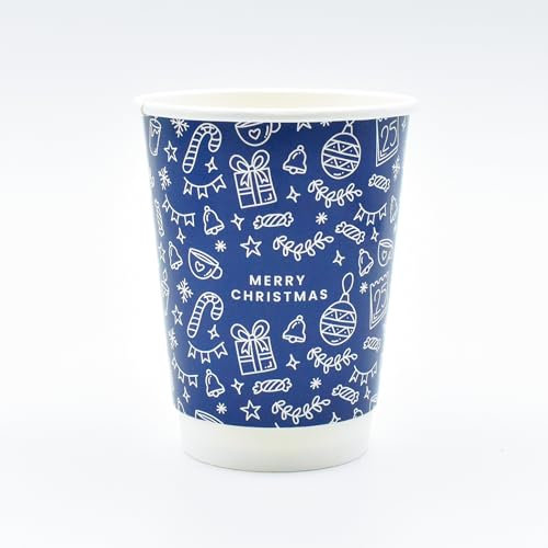 Merry Christmas 12oz Paper Cups - Disposable Christmas Takeaway Coffee Cups (Blue, 100)