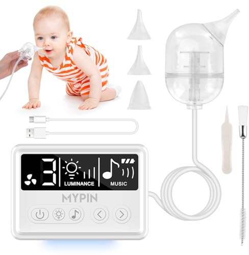 Aspirador Nasal Bebés Electrico, MYPIN Limpiador Nariz Bebé Portátil con 3 Boquillas de Silicona, 9 Niveles de Succión, Relajante de Música, Luz
