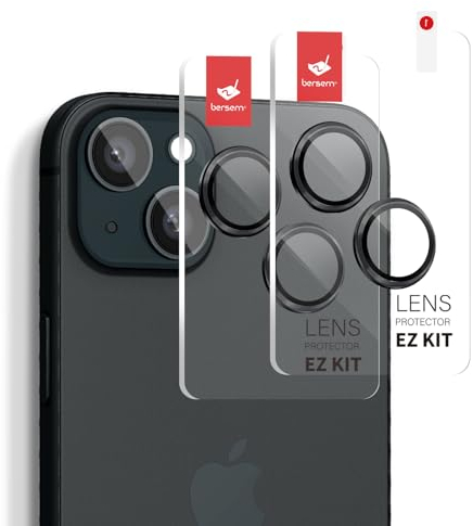 BERSEM 2 Piezas Protector de Lente Cámara para iPhone 15 6,1 Pulgadas y iPhone 15 Plus 6,7 Pulgadas, Instalación Fácil, Cristal Vidrio Templado 9H, Anti Arañazos, Ultra HD (Negro)