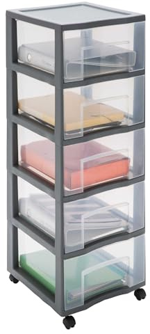 SUNDIS Tag Tower, schubladenbox aus Kunststoff, 5 Schubladen für A4-Papier | XL, Mit Rädern, Höhe 102,5 cm, leicht zu verschieben, ideal für Büro, Unterricht, Unterlagen