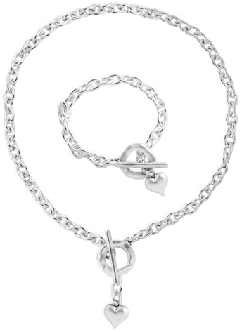 Beau Soleil Jewelry Halskette und Armband mit Herz-Anhänger – Charmantes Chunky Schmuck-Set für Deinen Stil (18, Silber)