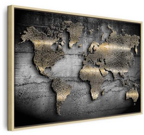 B&D XXL Bilder mit Rahmen 60x40 cm Wandbilder groß Leinwandbild XXL schwarzer Holzrahmen modern Wanddekoration Kunstdruck Wanddeko Wohnzimmer Schlafzimmer Weltkarte Abstrakte Landkarte Schwarz
