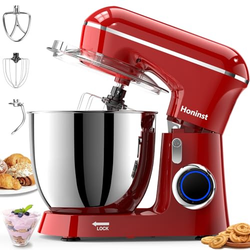 Honinst 1400W Stand Mixers, 6.5L 10-Speed Tilt-Head Electric Food Mixer | 3-In-1 Kitchen Stand Mixer for Baking with Bowl, Dough Hook, Whisk & Beater, Dough Mixer for Cake & Pizza Cooks, Red