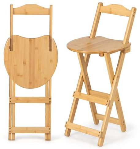RELAX4LIFE Barhocker Klappbar, Barstuhl 2er Set, Klapphocker aus Bambus, Bistrohocker mit Fußstütze, 61cm Sitzhöhe, bis 150kg Belastbar, Küchenstuhl für Küche Bar, Natur (Mit Lehne, Natur)