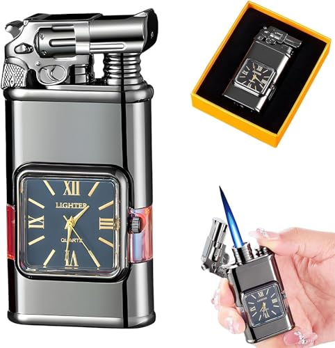 Cooles, einzigartiges, winddichtes Feuerzeug, Vintage-Armbanduhr, Jet-Flame-Taschenlampe, nachfüllbar, Butan, Dual-Flammen-Design, für Outdoor, Camping, Herrengeschenke (Color : Black-a)
