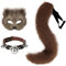 keland Pelzige Katze Fuchs Maske Fuchsschwanz Therian Gear Leder Choker Katzenkostüm Damen (Braun)