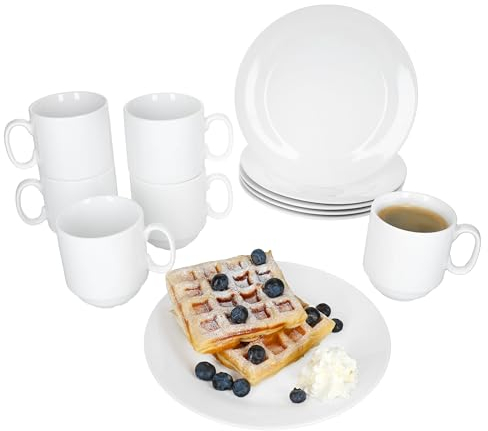 MamboCat Tommy Service de petit-déjeuner 12 pièces - Vaisselle en porcelaine blanche pour le petit-déjeuner et le café - 6 assiettes et 6 tasses à café empilables de 220 ml - Pour 6 personnes