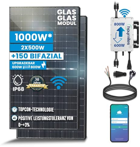 Solar-Hook® 1000W Balkonkraftwerk 800W komplett Steckdose - Balkonkraftwerk 800 Watt upgradebarer Wechselrichter 600W/800W, 2x500W Bifaziale Glas/Glas Solarmodule im Solaranlage Komplettset