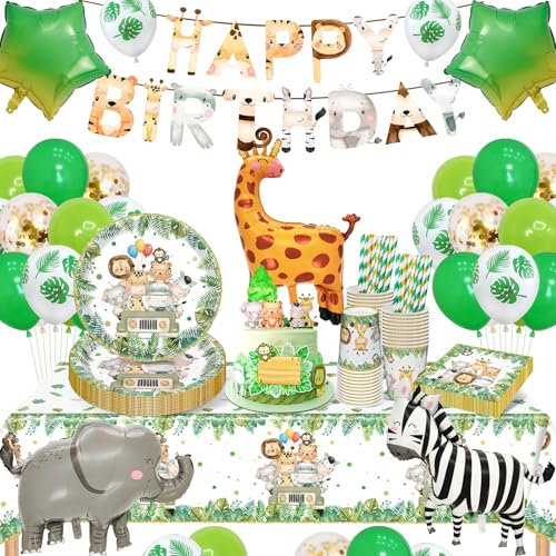 YIMAKJ Jungle Animaux FêTe Vaisselle, Decoration Anniversaire Enfant, 94 Pcs Party Vaisselle Comprenant Assiettes, Gobelet Carton, Serviettes, Nappe, Pour Jungle Anniversaire Fete Deco(16 Invités)